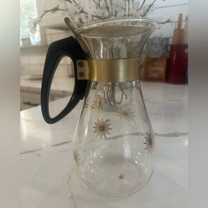 Vintage Pyrex USA Atomic Starburst 64 oz Carafe with Gold Lid, Black Handle